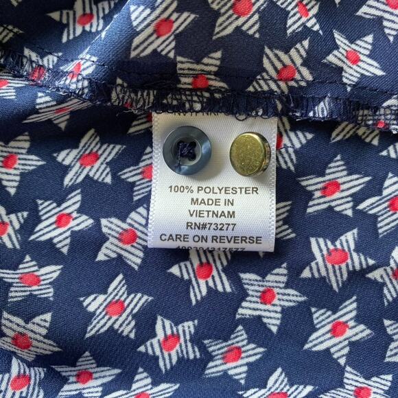 ELLE Blouse Womens Large Blue Red White Patriotic Star Sleeveless Button Front - Picture 6 of 8